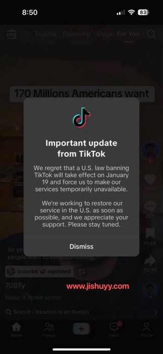 TikTok 禁令 1月19日在美国生效 暂时中止提供服务_www.jishuyy.com