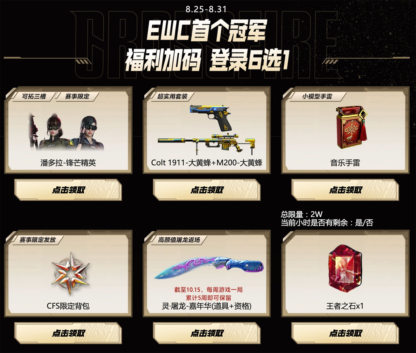 CF电竞世界杯EWC夺冠福利领音乐手雷,潘多拉锋芒精英等_www.jishuyy.com