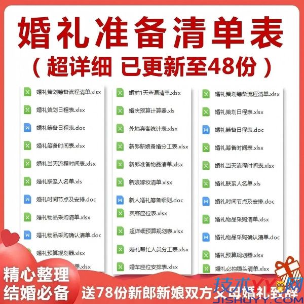 结婚婚前婚礼流程准备筹备必备物品采购清单日程安排表格资料_www.jishuyy.com