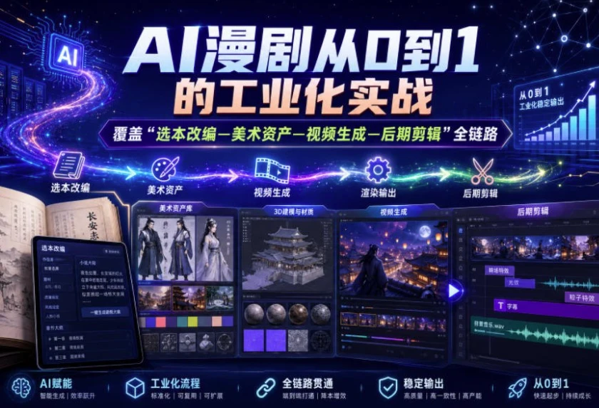 AI漫剧从0到1的工业化实战，覆盖“选本改编—美术资产—视频生成—后期剪辑”全链路课程_www.jishuyy.com